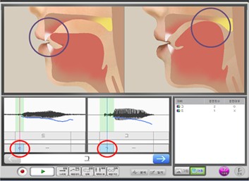 誤った発音と正しい発音の口の中の断面と波形を並べて見せる訓練画面